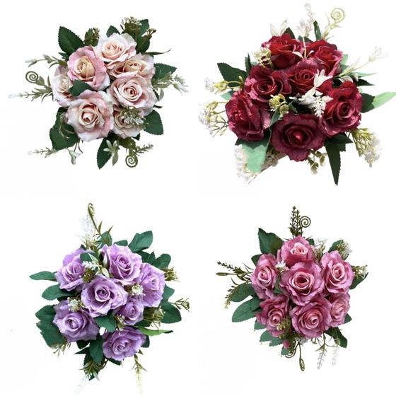 Imagem de 2 Buquês De Rosas Flores e Folhas Artificial C/ 7 Rosas Cada