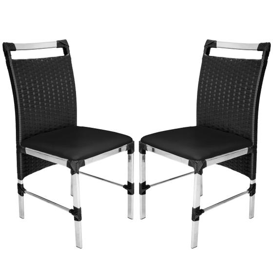Imagem de 2 Cadeiras Veneza Fibra Sintética Preto Alumínio Polido Assento Estofado