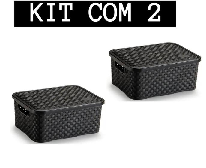 Imagem de 2 Caixas Organizadora Rattan Com Tampa PP Nitron Cinza