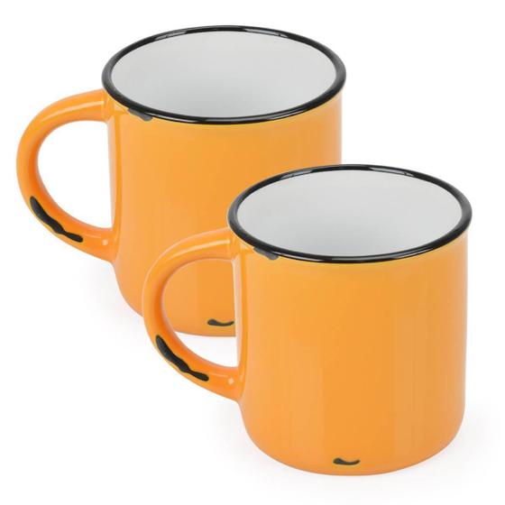 Imagem de 2 Canecas Tipo Esmaltada Cerâmica Grande Retro 320Ml Laranja