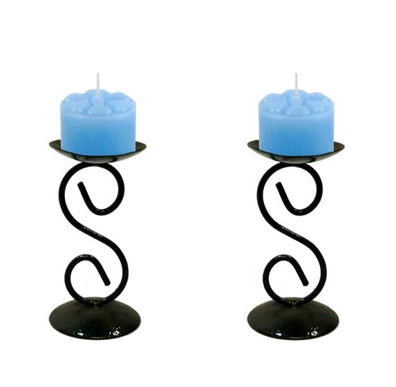 Imagem de 2 Castiçal 1 S Com Vela Azul Claro Mesa Decoração Candelabro
