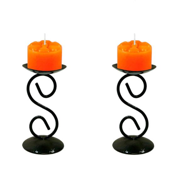 Imagem de 2 Castiçal 1 S Com Vela Laranja Mesa Decoração Candelabro