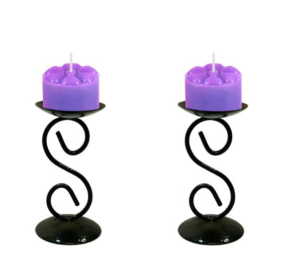 Imagem de 2 Castiçal 1 S Com Vela Roxa Lilás Mesa Decoração Candelabro