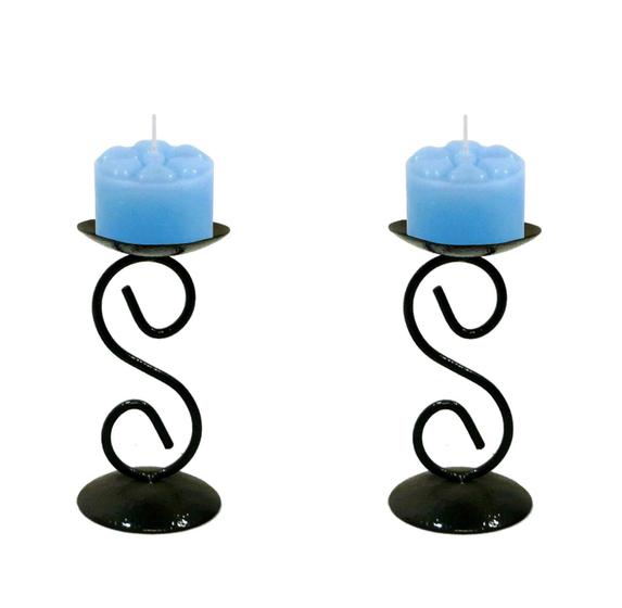 Imagem de 2 Castiçal 1 S Com Vela ul Claro Mesa Decoração Candelabro