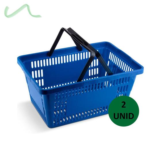 Imagem de 2 Cestas Plástica Supermercado Reforçada Cestinha Azul Multiuso