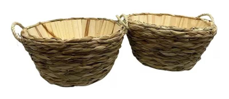 Imagem de 2 Cesto Vaso Cachepô Madeira Trança C Taboa Alça Palha 14x25