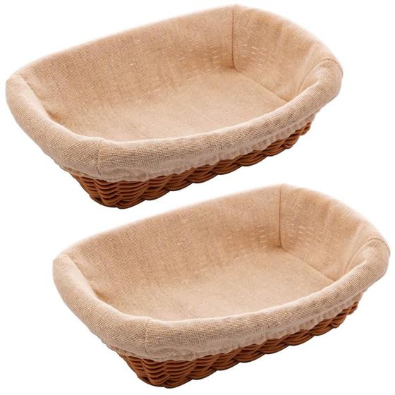 2 Cestos Porta Pão Folhados Plástico Rattan Tecido Lyor 24,5cm Mesa Posta