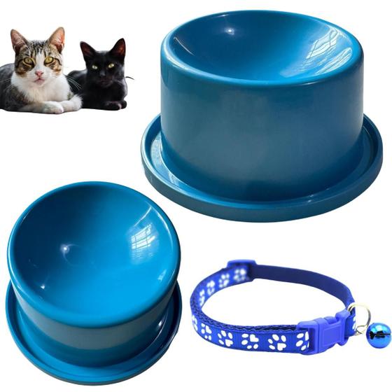 Imagem de 2 Comedouro Ergonômico Elevado 150ml Gato E Coleira Guizo Pingente Ajustável Pet