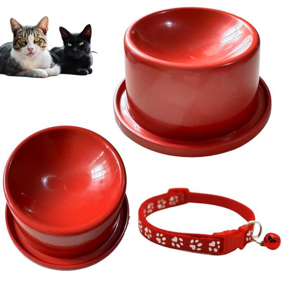 Imagem de 2 Comedouro Ergonômico Elevado 150ml Gato E Coleira Guizo Pingente Ajustável Pet