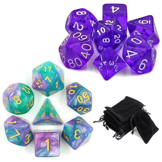 Imagem de 2 Conjuntos Dados Rpg Roxo Translúcidos E Galaxia C/7 Bolsa