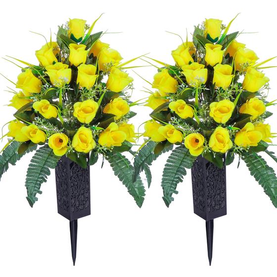 Imagem de 2 Conjuntos de Flores Artificiais LVXINLI para Cemitério - Com Vaso Amarelo