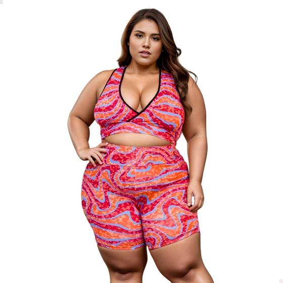 Imagem de 2 Conjuntos Feminino Plus Size Roupa Academia Fitness Cropped e Short