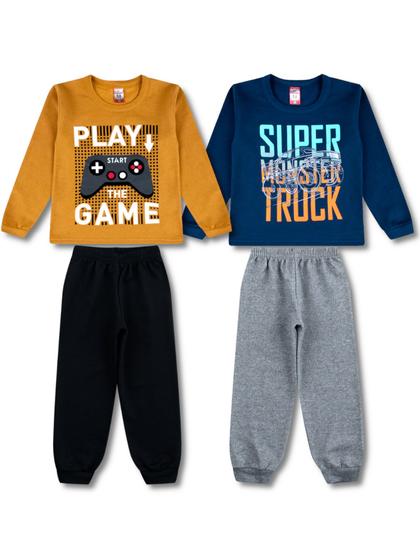 Imagem de 2 Conjuntos Moletom Infantil Masculino Roupa de Inverno Menino 4 Peças - 2 Blusas e 2 Calças