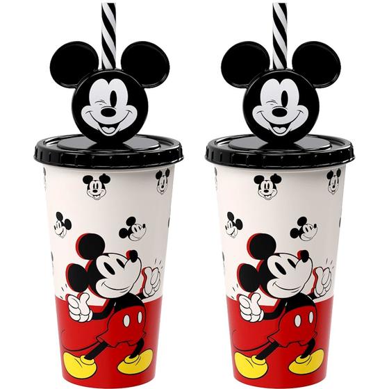 Imagem de 2 Copos Mickey Infantil com Canudo Decorado 500ml Plasútil