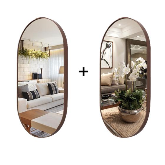 Imagem de 2 Espelhos Ovais 76x43cm Banheiro Moderno Moldura Couro