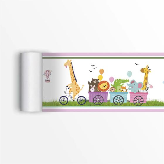 Imagem de 2 Faixas Decorativas Infantil Papel de Parede Adesivo Bicicleta Animais