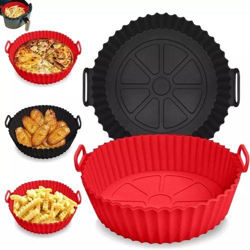 Imagem de 2 Forma Redonda Cesto de Silicone com Alça Reutilizável para Fritadeira Air Fryer Forno Microondas + Mini Pincel