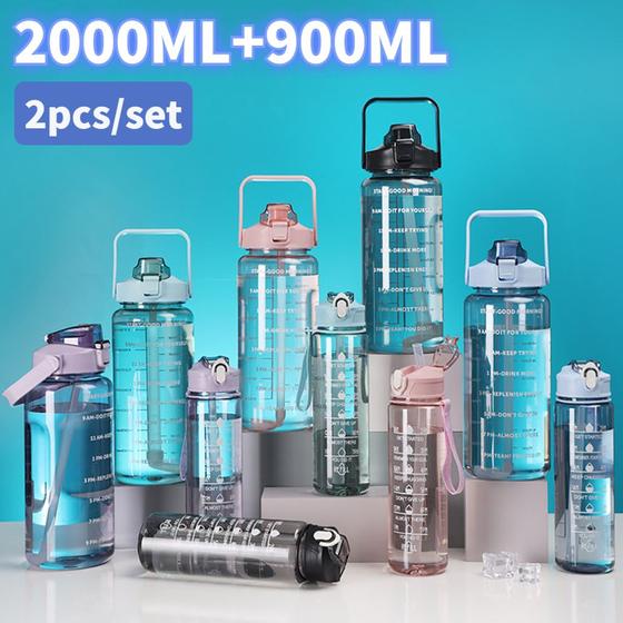 Imagem de 2 garrafas de água do bloco conjunto garrafa de água gradiente com 2l garrafa de grande capacidade e 900ml garrafa portá