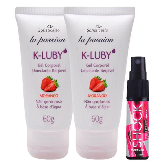 Imagem de 2 K-LUBY Gel Corporal pra Massagem Umectante Beijável Morango + 1 Óleo Spray Shock Plus Morango