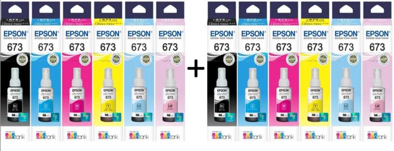 Imagem de 2 kit epson 673 com 6 refil de tinta 673 70ml (2 refil de cada cor p/l800l805l810l1800