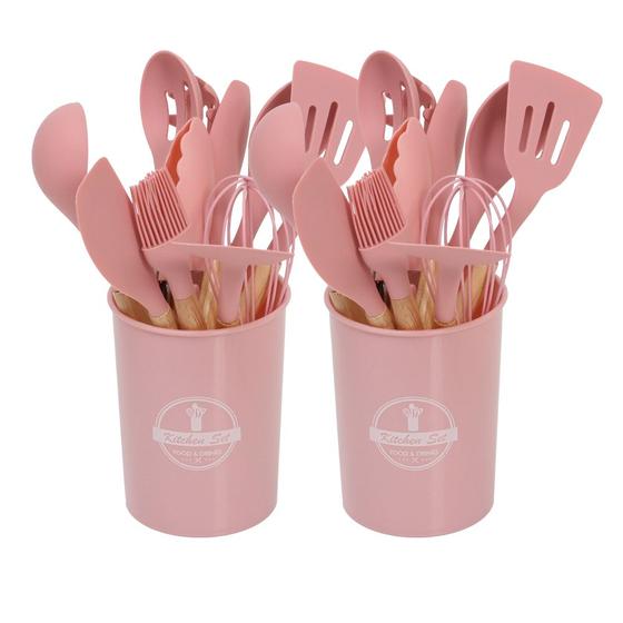 Imagem de 2 Kit Utensílios De Cozinha Em Silicone Colher Concha Rosa