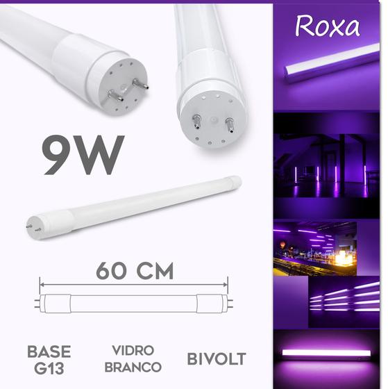 Imagem de 2 Lâmpadas LED Tubular T8 60cm 9W Bivolt - Vidro Leitoso - LUZ ROXA