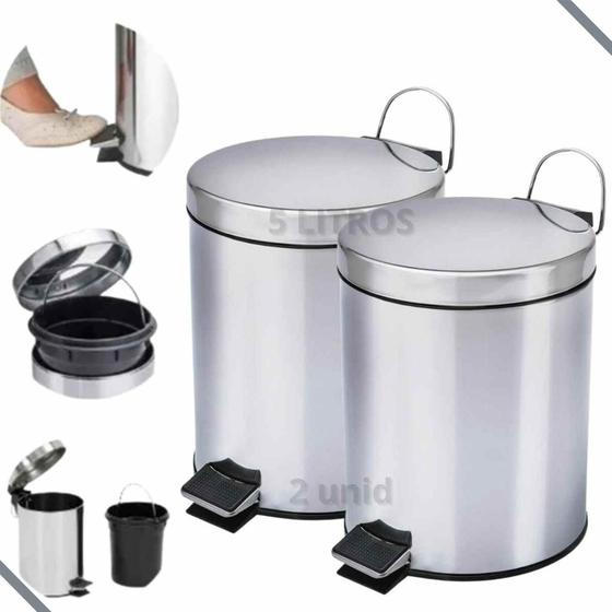 2 Lixeiras redondas de 5 litros 100% Inox Com Pedal para Banheiro Cozinha pia Menor preço em 2 Lixeiras redondas de 5 litros 100% Inox Com Pedal para Banheiro Cozinha pia