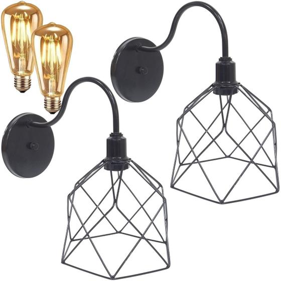 Imagem de 2 Luminárias Arandela de Parede Aramada Cálice Industrial Retro + 2 Lâmpadas Led ST64 Vintage