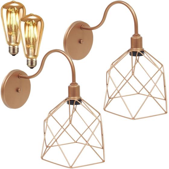 Imagem de 2 Luminárias Arandela Parede Aramada Cálice Industrial Retro + Lâmpadas Led Cobre Rose Gold