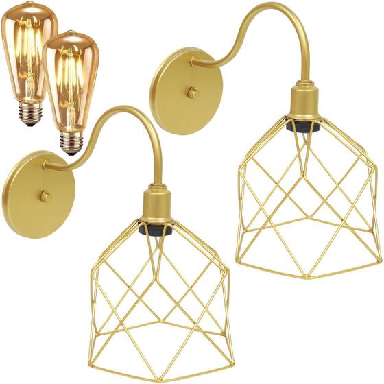 Imagem de 2 Luminárias Arandela Parede Aramada Cálice Industrial Retro + Lâmpadas Led Dourado