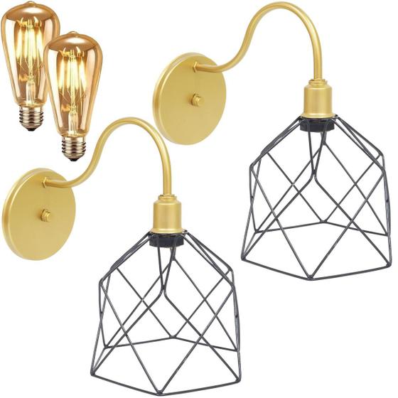 Imagem de 2 Luminárias Arandela Parede Aramada Cálice Industrial Retro + Lâmpadas Led Dourado/Preto