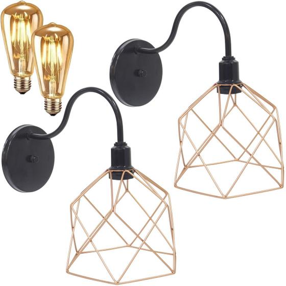 Imagem de 2 Luminárias Arandela Parede Aramada Cálice Industrial Retro + Lâmpadas Led Preto/Cobre Rose Gold