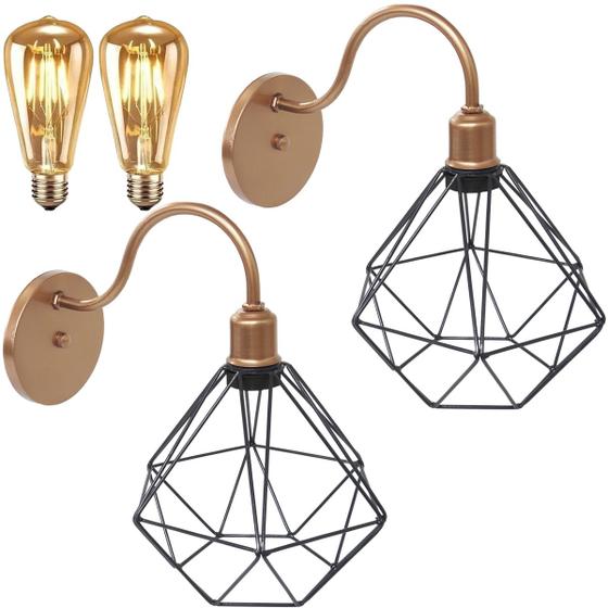 Imagem de 2 Luminárias Arandela Parede Aramada Diamante Industrial Retro + Lâmpadas Led Cobre Rose Gold/Preto