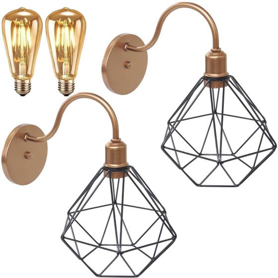 Imagem de 2 Luminárias Arandela Parede Aramada Diamante Industrial Retro + Lâmpadas Led Cobre Rose Gold/Preto