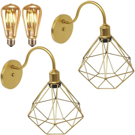 Imagem de 2 Luminárias Arandela Parede Aramada Diamante Industrial Retro + Lâmpadas Led Dourado