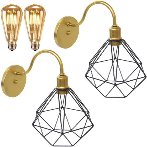 Imagem de 2 Luminárias Arandela Parede Aramada Diamante Industrial Retro + Lâmpadas Led Dourado/Preto