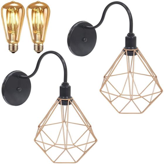 Imagem de 2 Luminárias Arandela Parede Aramada Diamante Industrial Retro + Lâmpadas Led Preto/Cobre Rose Gold