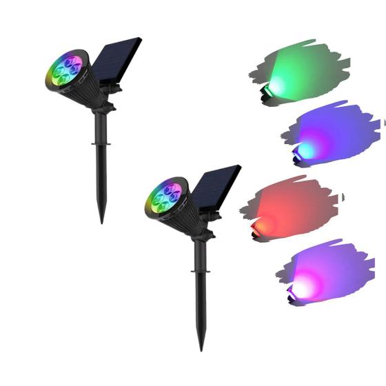 2 Luminárias Espeto Estaca Spot Led RGB Colorida 7 Cores Painel Solar