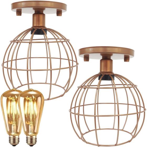 Imagem de 2 Lustre Teto Plafon + 2 Lâmpada Led St64 Industrial Aramado Globo Retrô Vintage Cobre Rose Gold