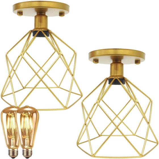 Imagem de 2 Lustres Teto Plafon + 2 Lâmpadas Led St64 Industrial Aramado Cálice Retrô Vintage Dourado