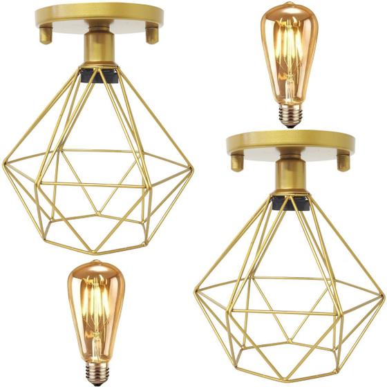 Imagem de 2 Lustres Teto Plafon + 2 Lâmpadas Led St64 Industrial Aramado Diamante Retrô Vintage Dourado