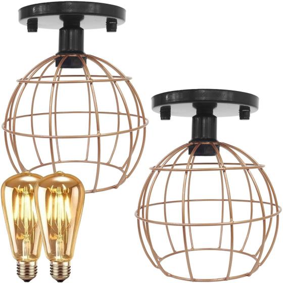 Imagem de 2 Lustres Teto Plafon + 2 Lâmpadas Led St64 Industrial Aramado Globo Cobre Rose Gold Vintage Preto