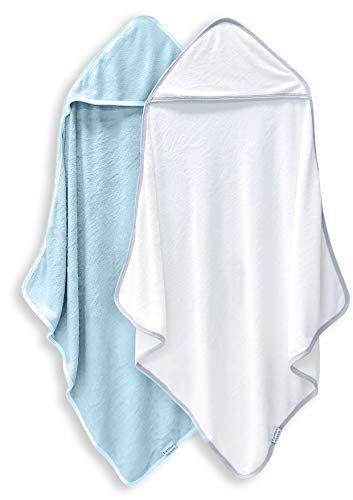 Imagem de 2 Pack Premium Bamboo Baby Bath Towel - Toalhas com Capuz Ultra Macio para Bebês, Criança, Criança - Recém-Nascido Essencial -Perfeito Registro de Bebê Presentes para Menina do Menino - Azul e Branco