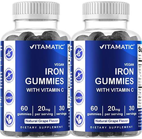 Imagem de 2 Pack Vitamatic Iron Gummies Suplemento para Mulheres e Homens - 20mg Servindo - 60 Gummies Vegan - Vitaminas Gomosas de Ferro de Grande Sabor com Vitamina C (Total de 120 Gummies)