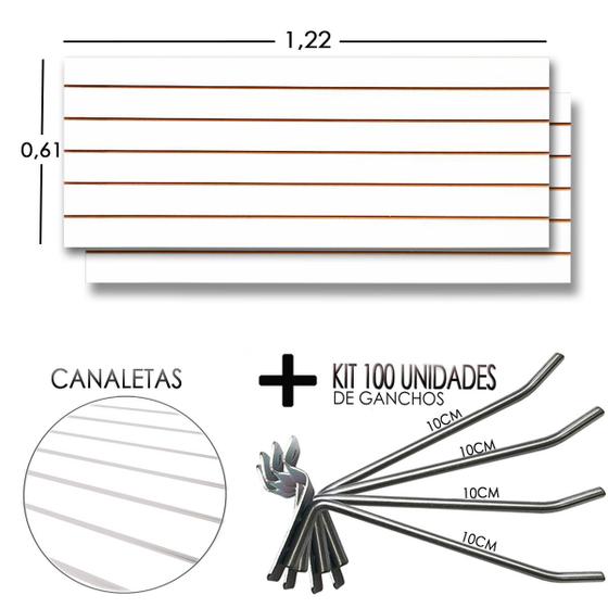 Imagem de 2 Paineis Canaletado - 1,22 x 0,61 + 100 Gancho 10cm + Canaletas BRANCAS