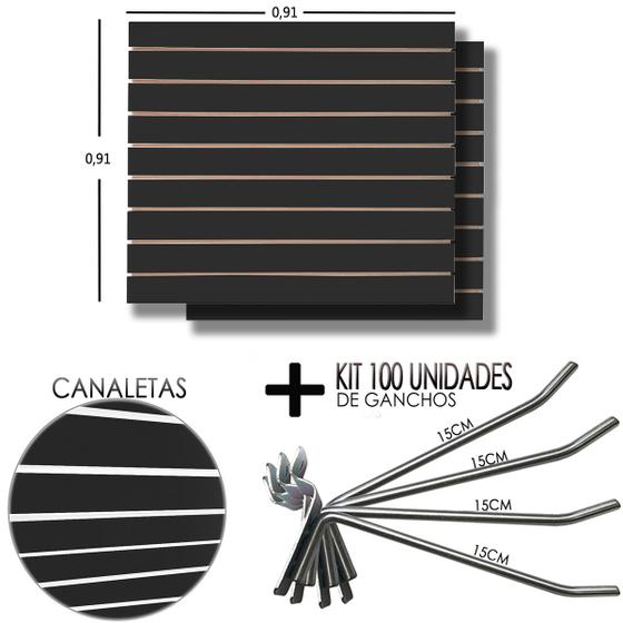 Imagem de 2 Paineis Canaletado Preto - 0,91 x 0,91 + 100 Gancho 15cm + Canaletas BRANCO