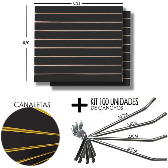 Imagem de 2 Paineis Canaletado Preto - 0,91 x 0,91 + 100 Gancho 20cm + Canaletas AMARELA