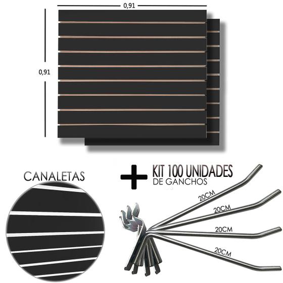 Imagem de 2 Paineis Canaletado Preto - 0,91 x 0,91 + 100 Gancho 20cm + Canaletas BRANCO