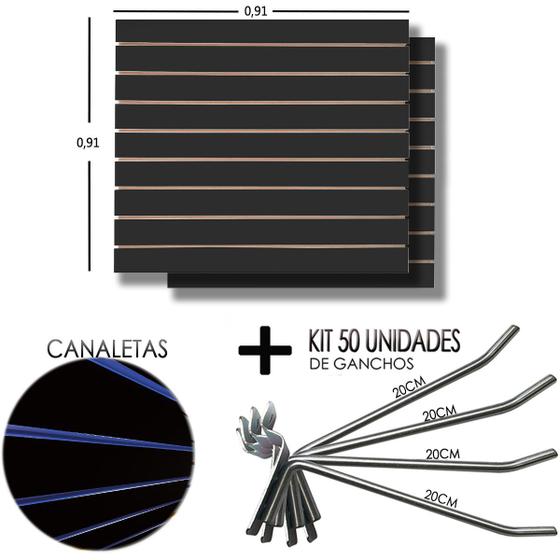 Imagem de 2 Paineis Canaletado Preto - 0,91 x 0,91 + 50 Gancho 20cm + Canaletas AZUL