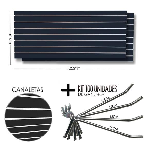 Imagem de 2 Paineis Canaletado Preto -1,22 x 0,61 + 100 Gancho 15cm + Canaletas BRANCO